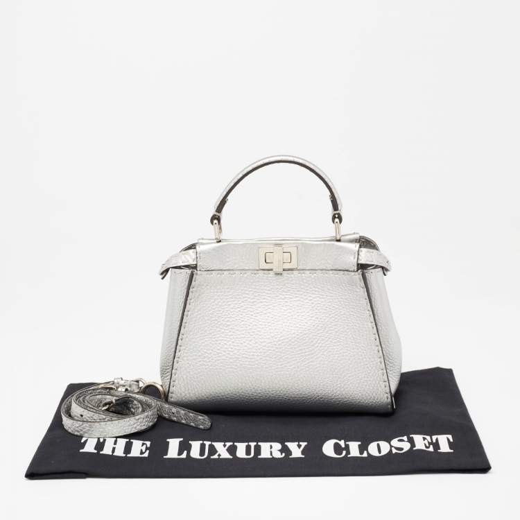 Pre Owned Fendi Silver Selleria Leather Mini Peekaboo Top Handle Bag