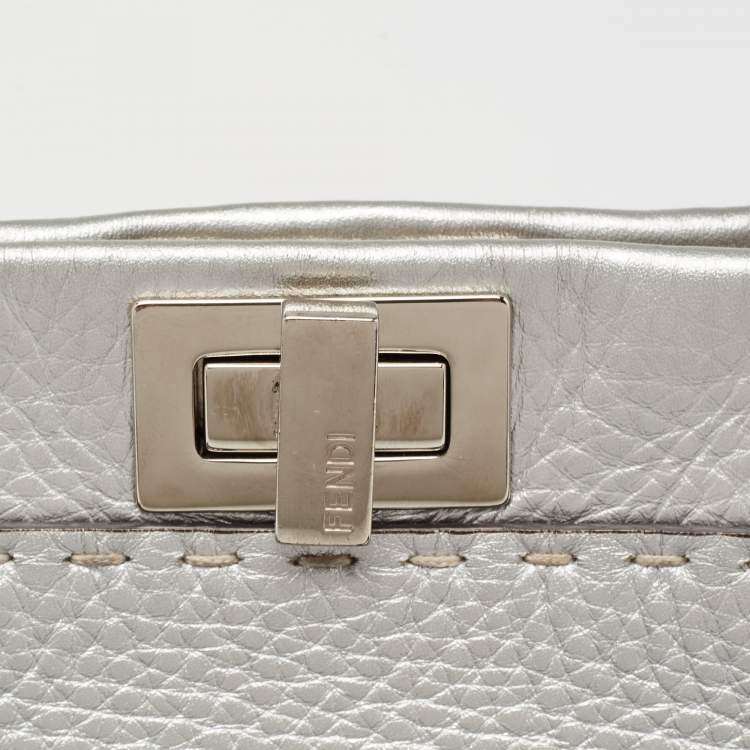 Pre Owned Fendi Silver Selleria Leather Mini Peekaboo Top Handle Bag