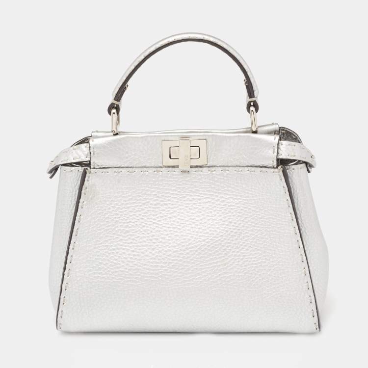 Pre Owned Fendi Silver Selleria Leather Mini Peekaboo Top Handle Bag