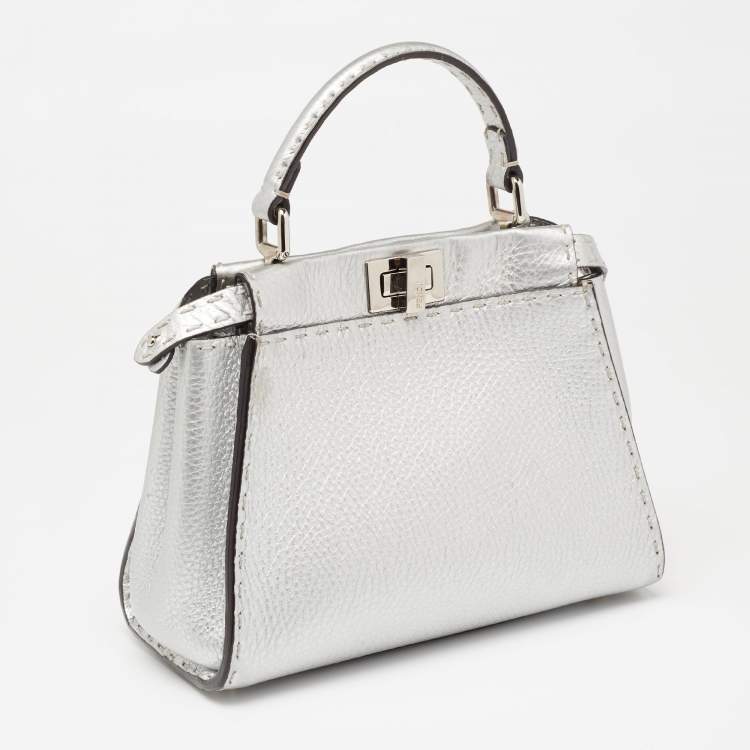 Pre Owned Fendi Silver Selleria Leather Mini Peekaboo Top Handle Bag