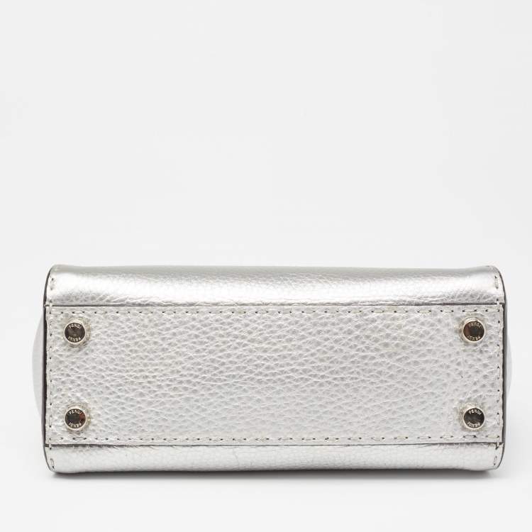 Pre Owned Fendi Silver Selleria Leather Mini Peekaboo Top Handle Bag