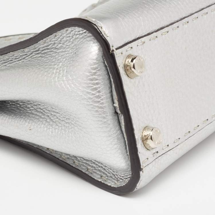 Pre Owned Fendi Silver Selleria Leather Mini Peekaboo Top Handle Bag