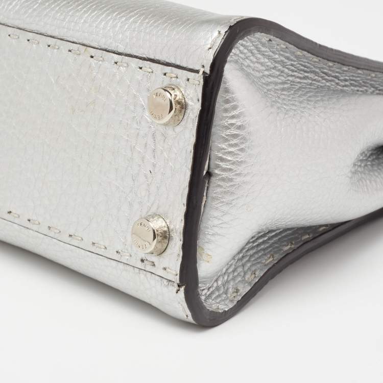 Pre Owned Fendi Silver Selleria Leather Mini Peekaboo Top Handle Bag