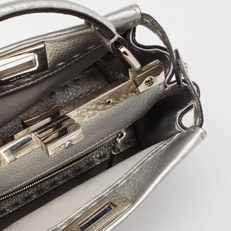 Pre Owned Fendi Silver Selleria Leather Mini Peekaboo Top Handle Bag