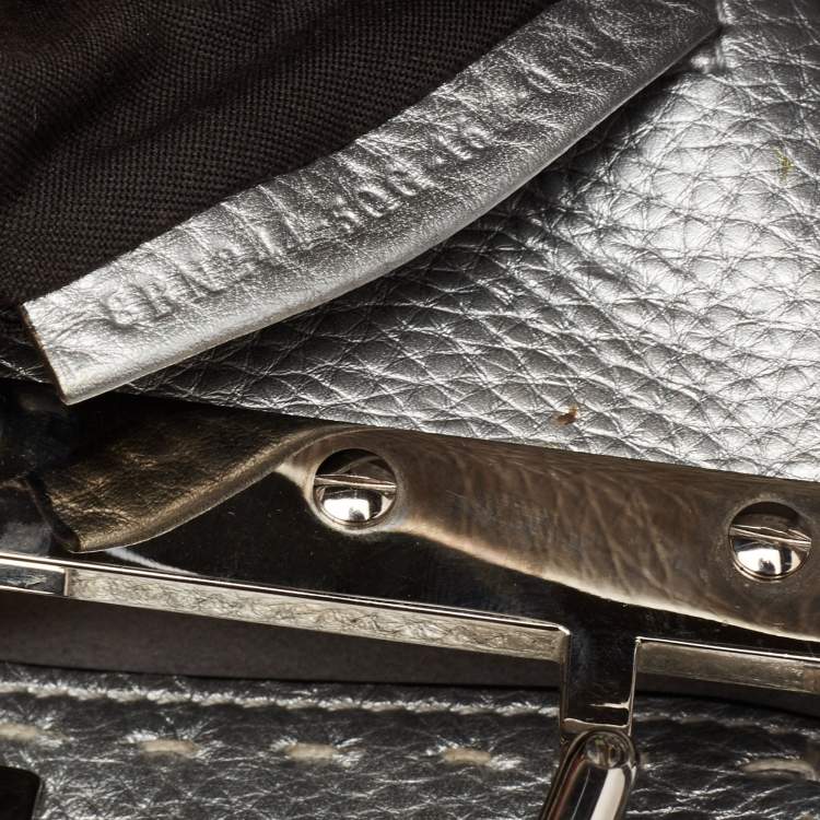 Pre Owned Fendi Silver Selleria Leather Mini Peekaboo Top Handle Bag
