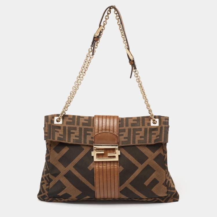 Pre Owned Fendi Tobacco Zucca Canvas And Leather Maxi Baguette Flap Shoulder Bag