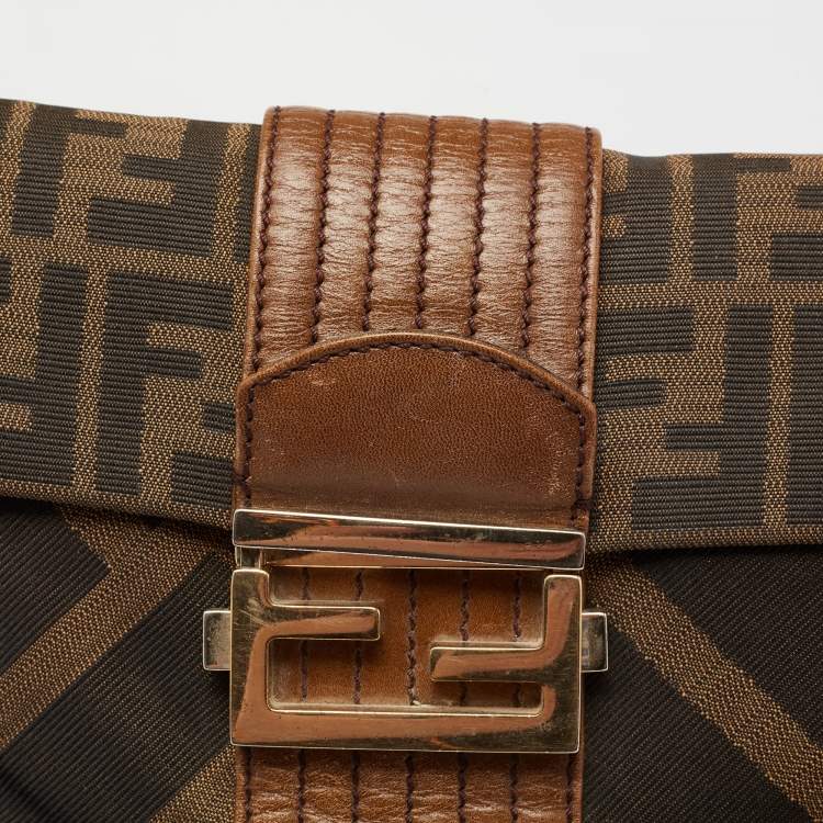 Pre Owned Fendi Tobacco Zucca Canvas And Leather Maxi Baguette Flap Shoulder Bag