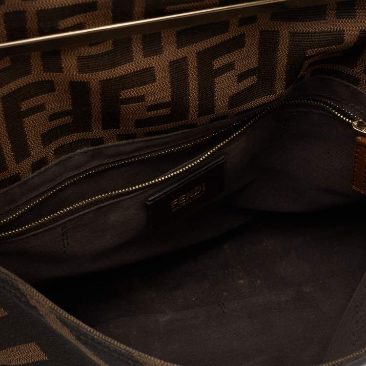 Pre Owned Fendi Tobacco Zucca Canvas And Leather Maxi Baguette Flap Shoulder Bag