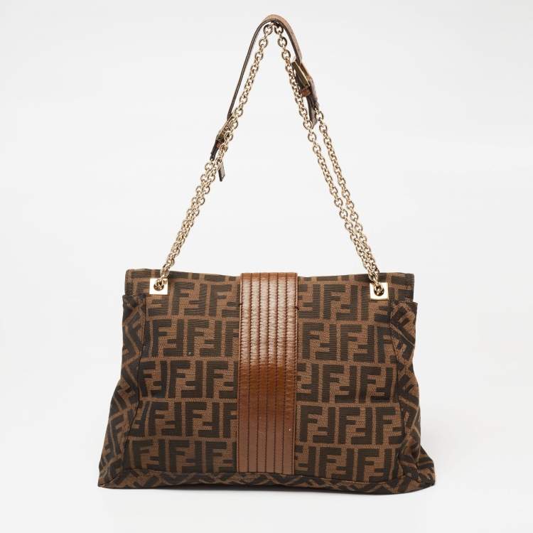 Pre Owned Fendi Tobacco Zucca Canvas And Leather Maxi Baguette Flap Shoulder Bag