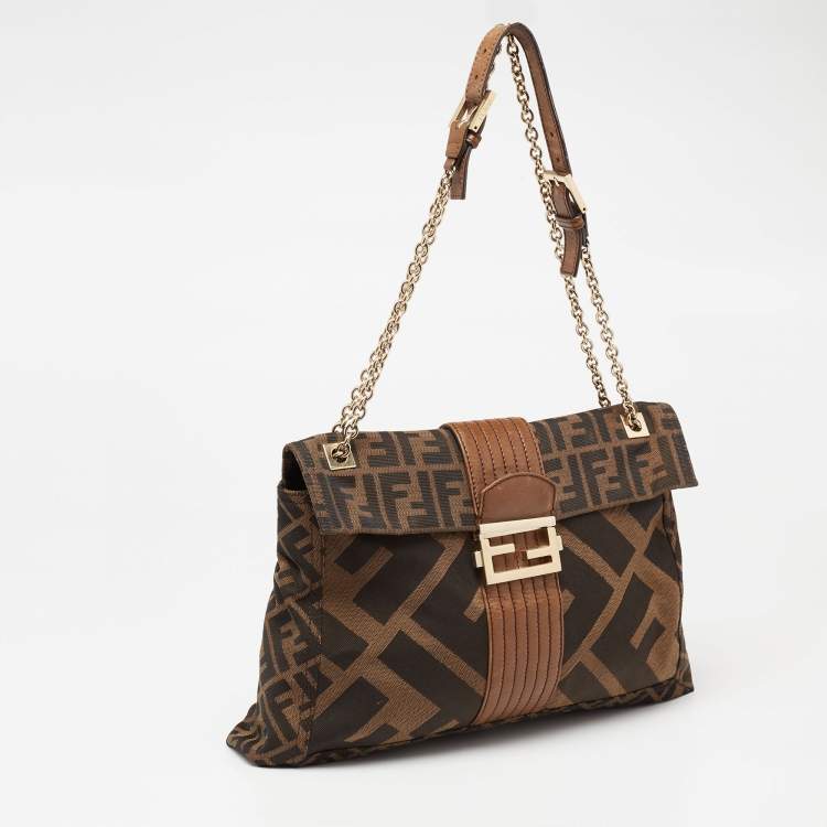 Pre Owned Fendi Tobacco Zucca Canvas And Leather Maxi Baguette Flap Shoulder Bag