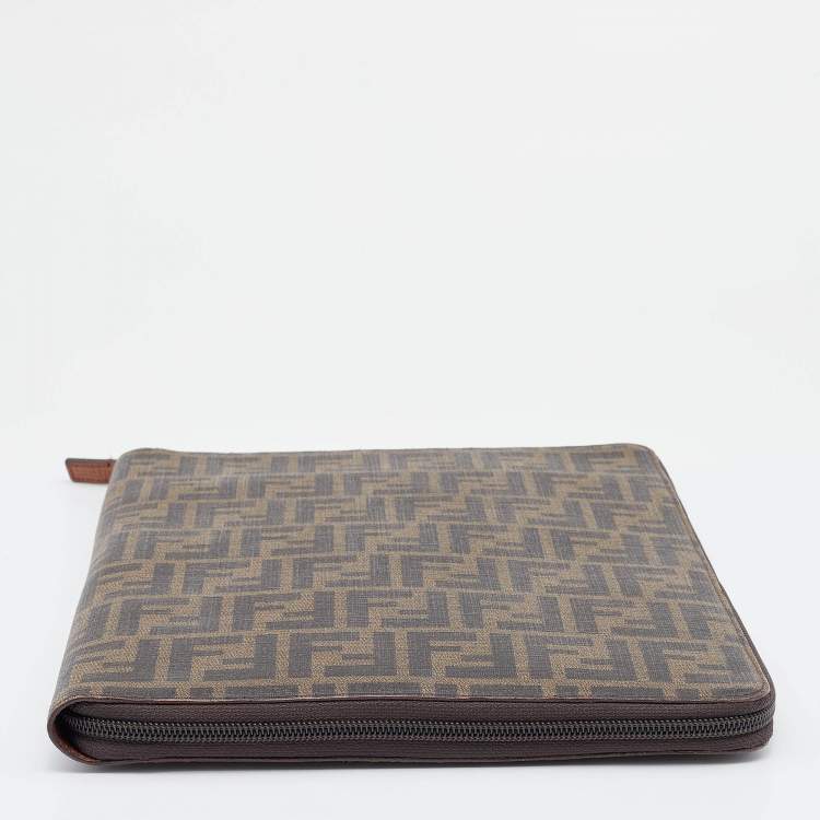 Pre Owned Fendi Tobacco Zucca Coated Canvas Zip Around Documents Holder