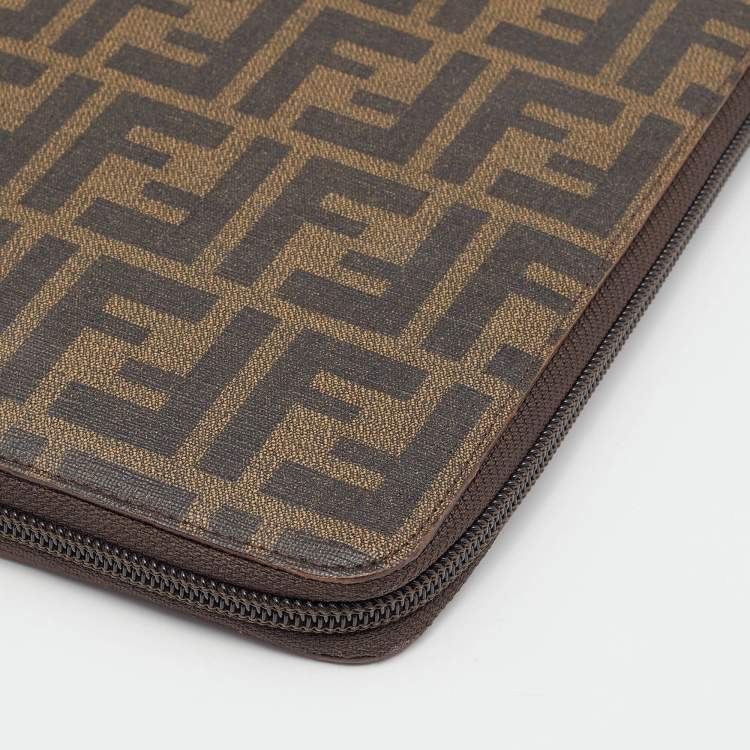 Pre Owned Fendi Tobacco Zucca Coated Canvas Zip Around Documents Holder