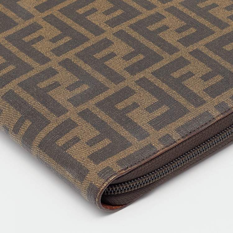 Pre Owned Fendi Tobacco Zucca Coated Canvas Zip Around Documents Holder
