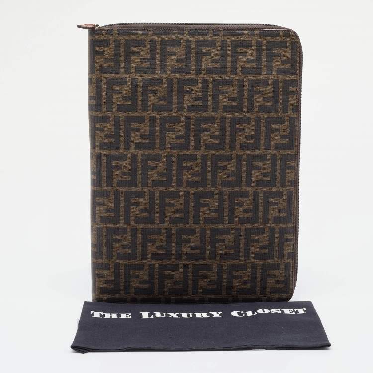 Pre Owned Fendi Tobacco Zucca Coated Canvas Zip Around Documents Holder
