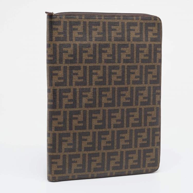 Pre Owned Fendi Tobacco Zucca Coated Canvas Zip Around Documents Holder