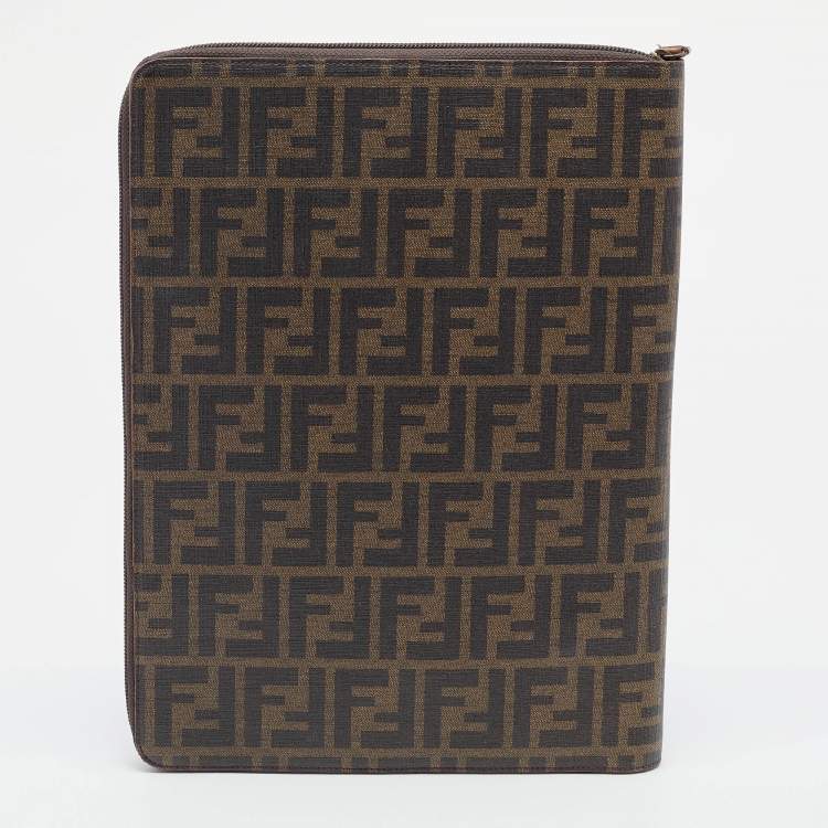 Pre Owned Fendi Tobacco Zucca Coated Canvas Zip Around Documents Holder