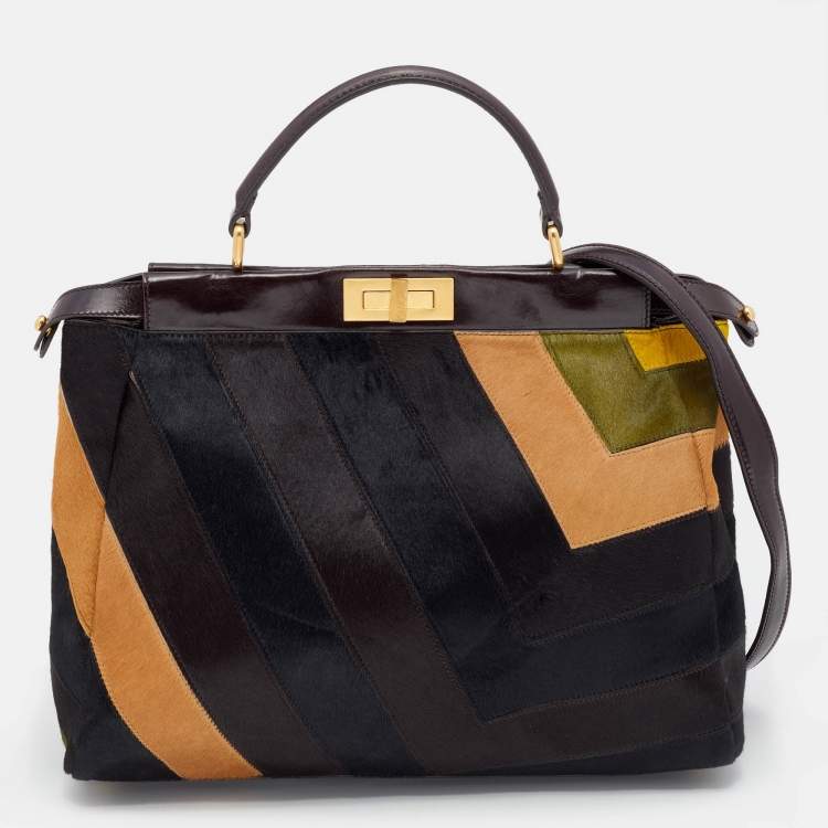 Pre Owned Fendi Multicolor Calfhair and Leather Large Peekaboo Top Handle Bag
