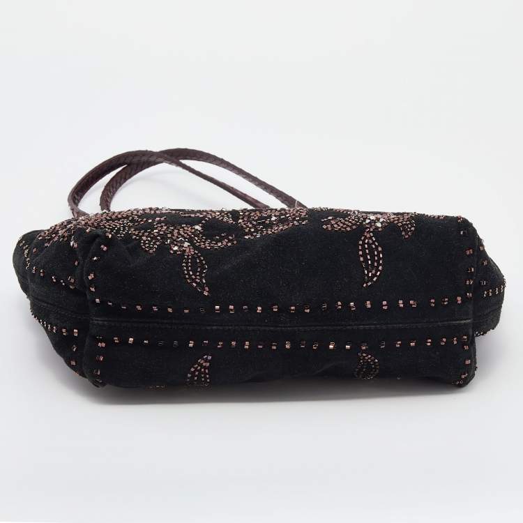 Pre Owned Fendi Black Beads Embellishment Suede and Python Tote 