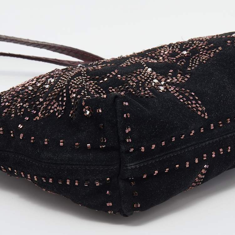 Pre Owned Fendi Black Beads Embellishment Suede and Python Tote 