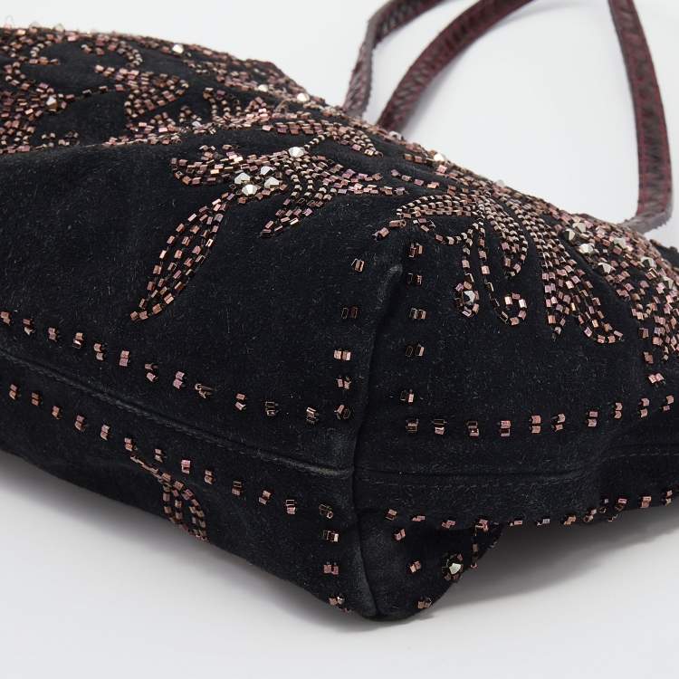 Pre Owned Fendi Black Beads Embellishment Suede and Python Tote 