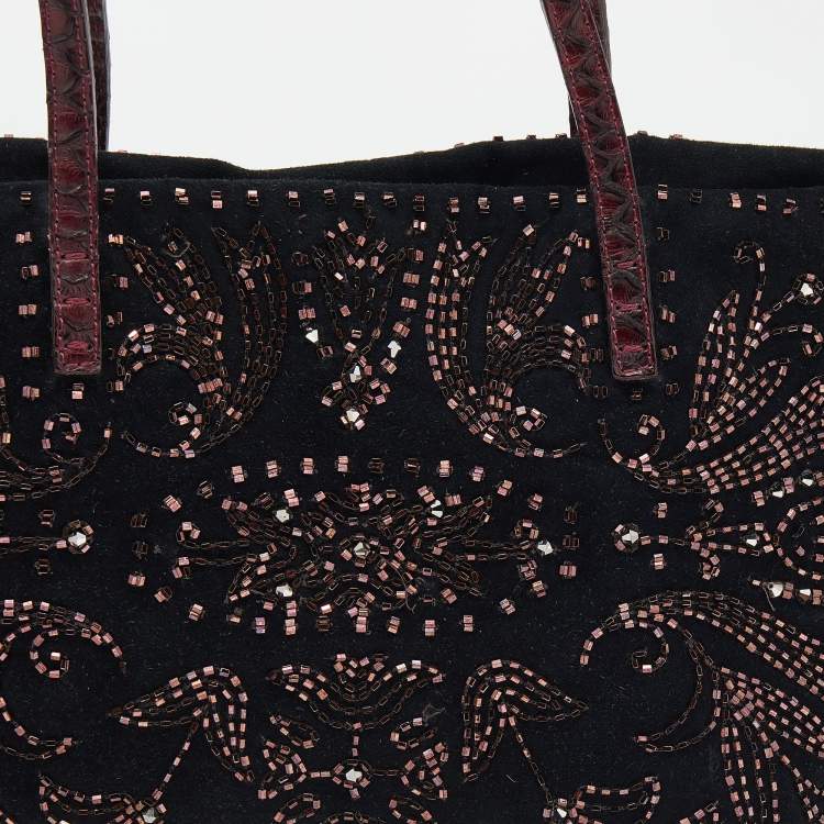 Pre Owned Fendi Black Beads Embellishment Suede and Python Tote 