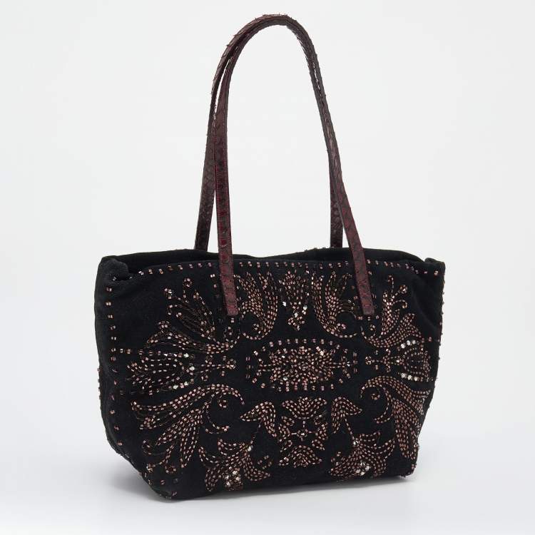 Pre Owned Fendi Black Beads Embellishment Suede and Python Tote 