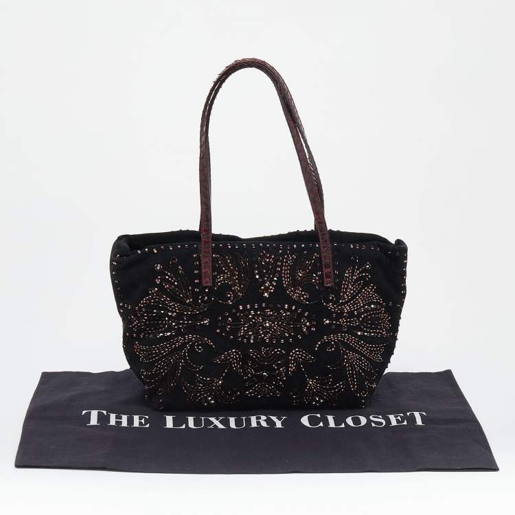 Pre Owned Fendi Black Beads Embellishment Suede and Python Tote 