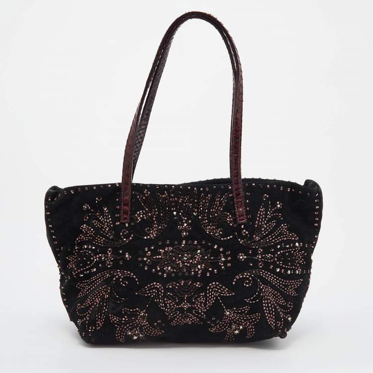 Pre Owned Fendi Black Beads Embellishment Suede and Python Tote 