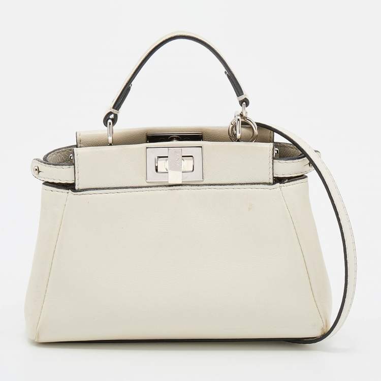 Pre Owned Fendi White Leather Micro Peekaboo Top Handle Bag