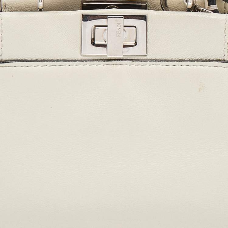 Pre Owned Fendi White Leather Micro Peekaboo Top Handle Bag