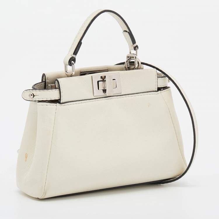 Pre Owned Fendi White Leather Micro Peekaboo Top Handle Bag