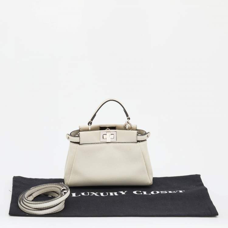 Pre Owned Fendi White Leather Micro Peekaboo Top Handle Bag