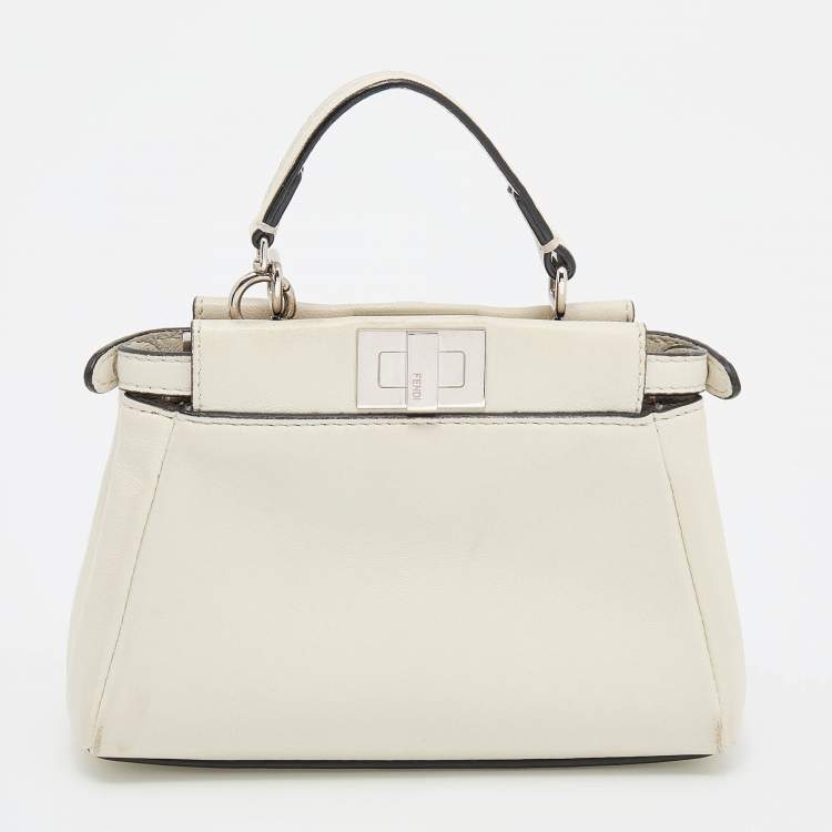 Pre Owned Fendi White Leather Micro Peekaboo Top Handle Bag