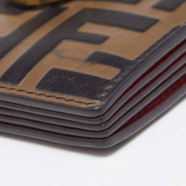Pre Owned Fendi Tobacco/Red Zucca Leather Gusset Card Holder