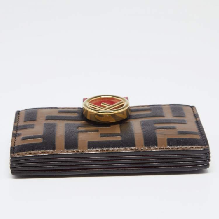 Pre Owned Fendi Tobacco/Red Zucca Leather Gusset Card Holder