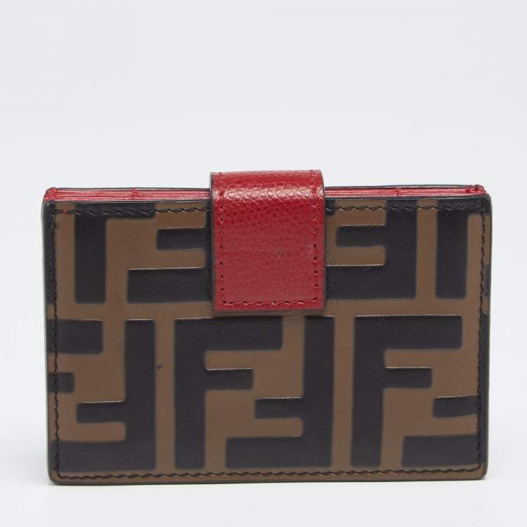 Pre Owned Fendi Tobacco/Red Zucca Leather Gusset Card Holder