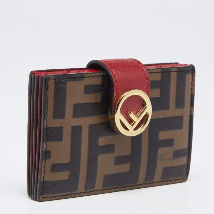 Pre Owned Fendi Tobacco/Red Zucca Leather Gusset Card Holder