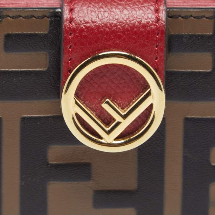 Pre Owned Fendi Tobacco/Red Zucca Leather Gusset Card Holder
