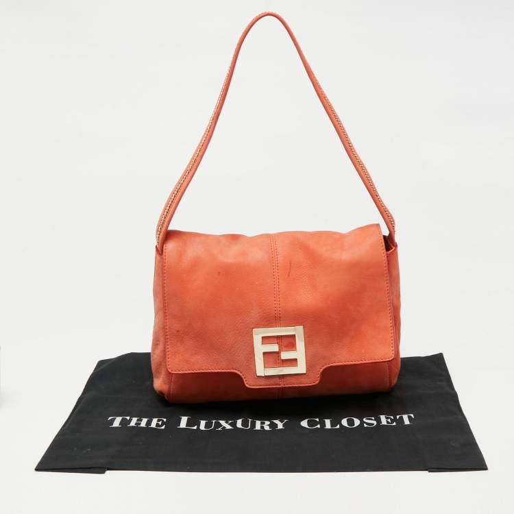 Pre Owned Fendi Orange Leather Mama Forever Flap Chain Link Handle Shoulder Bag