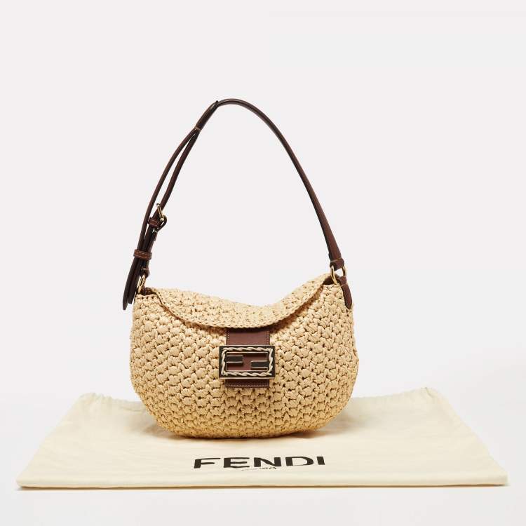 Pre Owned Fendi Beige/Brown Woven Wicker and Leather Small Croissant Hobo 