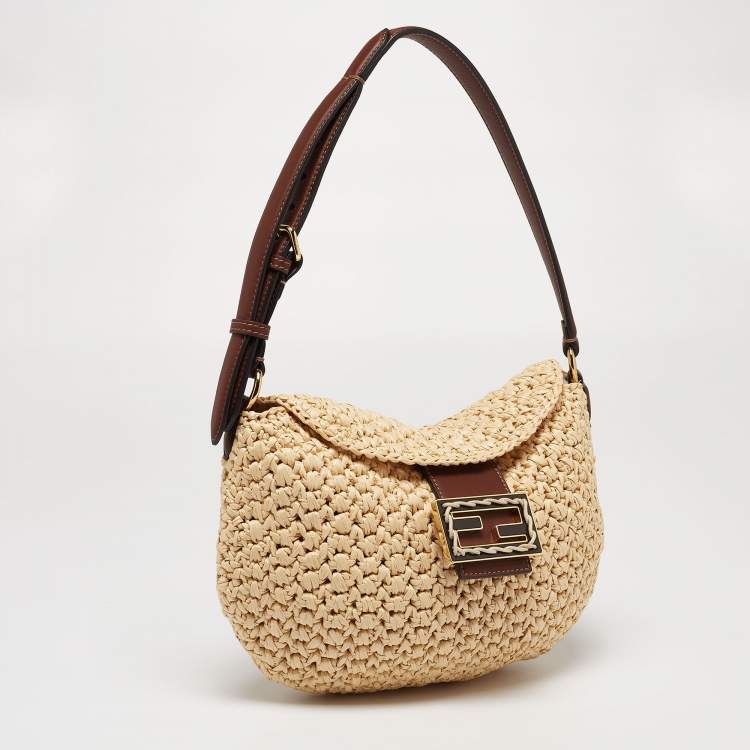 Pre Owned Fendi Beige/Brown Woven Wicker and Leather Small Croissant Hobo 