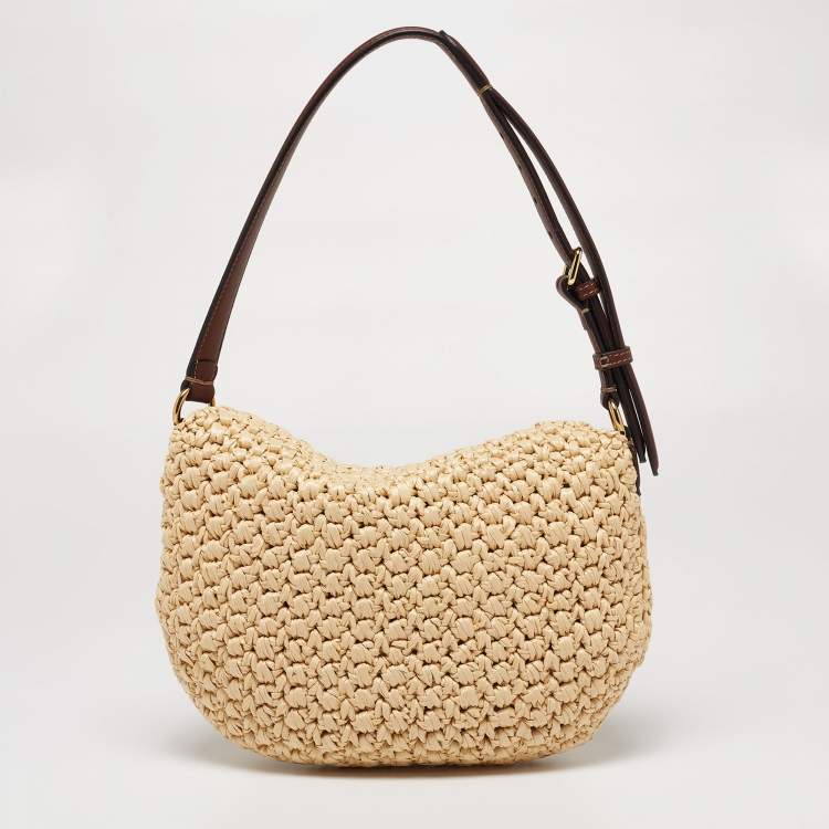 Pre Owned Fendi Beige/Brown Woven Wicker and Leather Small Croissant Hobo 