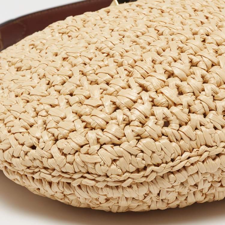 Pre Owned Fendi Beige/Brown Woven Wicker and Leather Small Croissant Hobo 