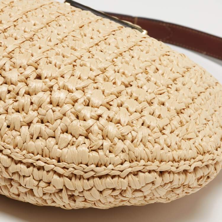 Pre Owned Fendi Beige/Brown Woven Wicker and Leather Small Croissant Hobo 
