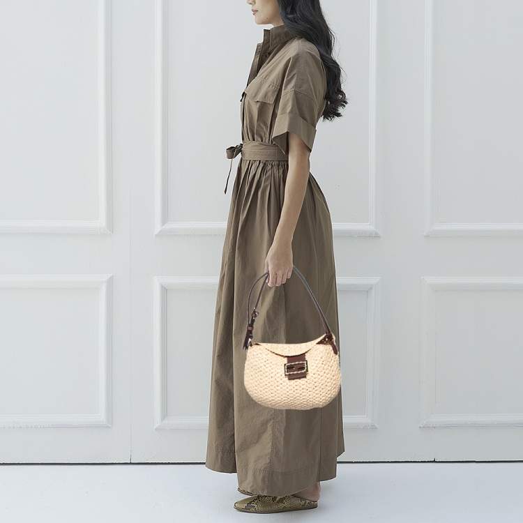 Pre Owned Fendi Beige/Brown Woven Wicker and Leather Small Croissant Hobo 