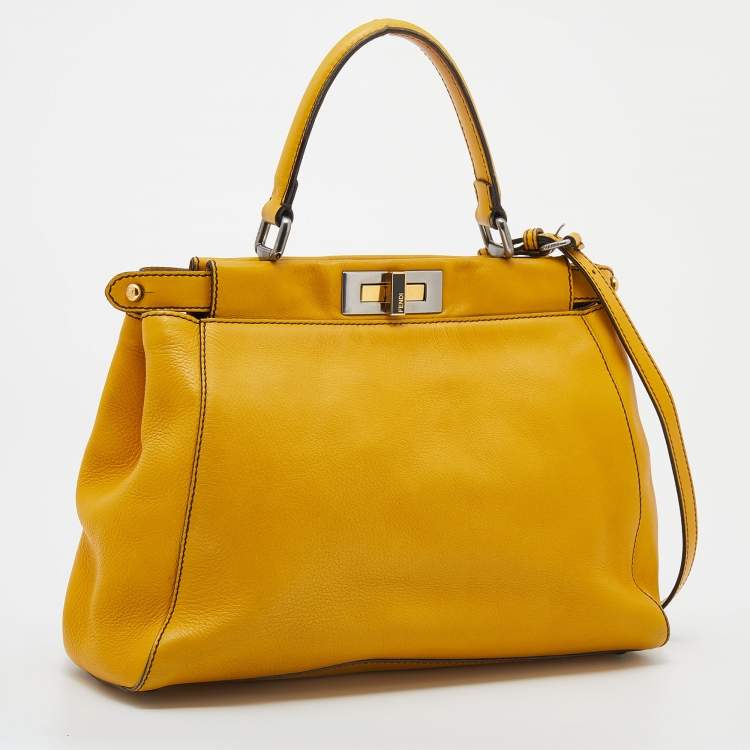 Pre Owned Fendi Yellow Leather Medium Peekaboo Top Handle Bag
