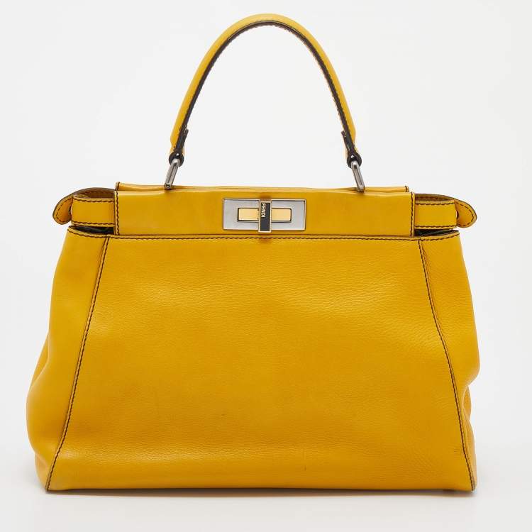Pre Owned Fendi Yellow Leather Medium Peekaboo Top Handle Bag