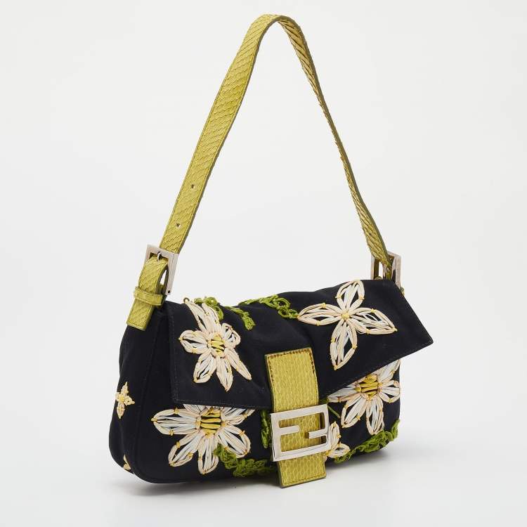 Pre Owned Fendi Black/Lime Green Fabric And Python Floral Appliqué Baguette