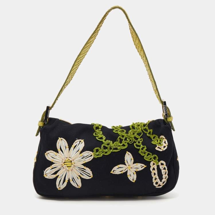 Pre Owned Fendi Black/Lime Green Fabric And Python Floral Appliqué Baguette