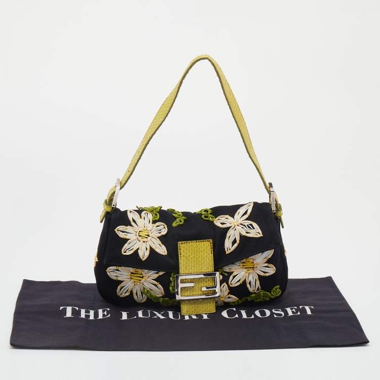 Pre Owned Fendi Black/Lime Green Fabric And Python Floral Appliqué Baguette